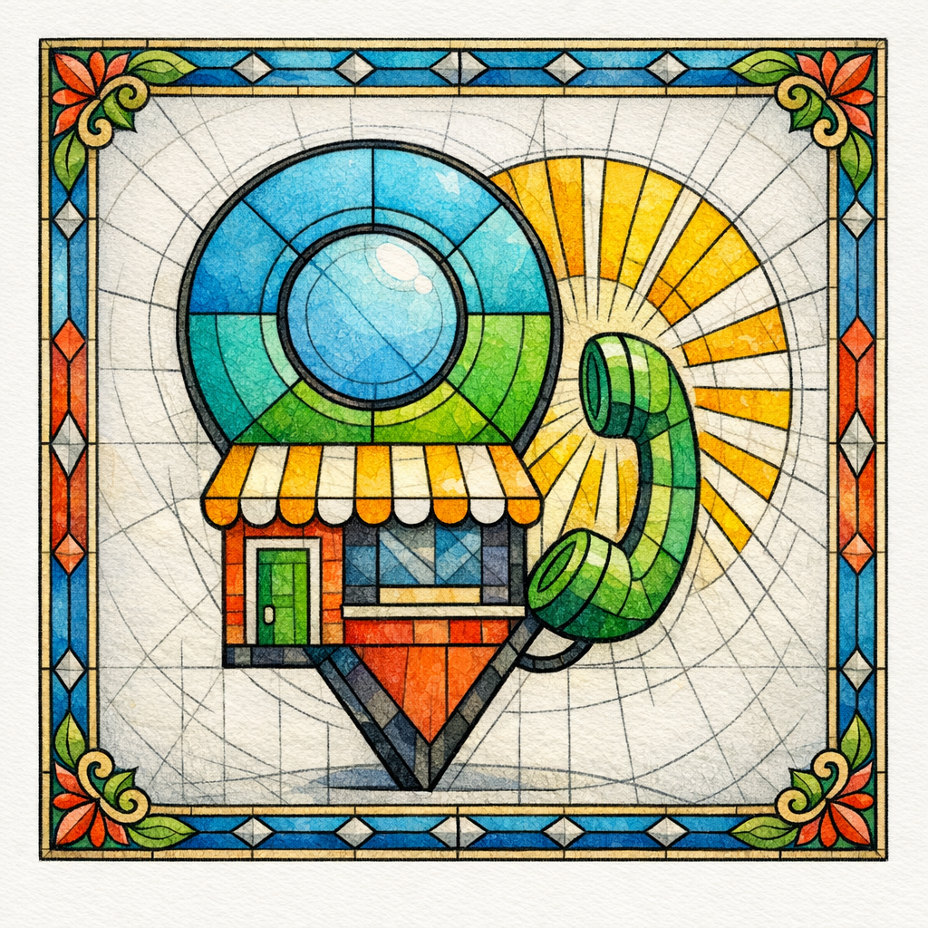 A stained-glass style Google Business Profile panel with a ringing phone icon and map pin turning into call lines.