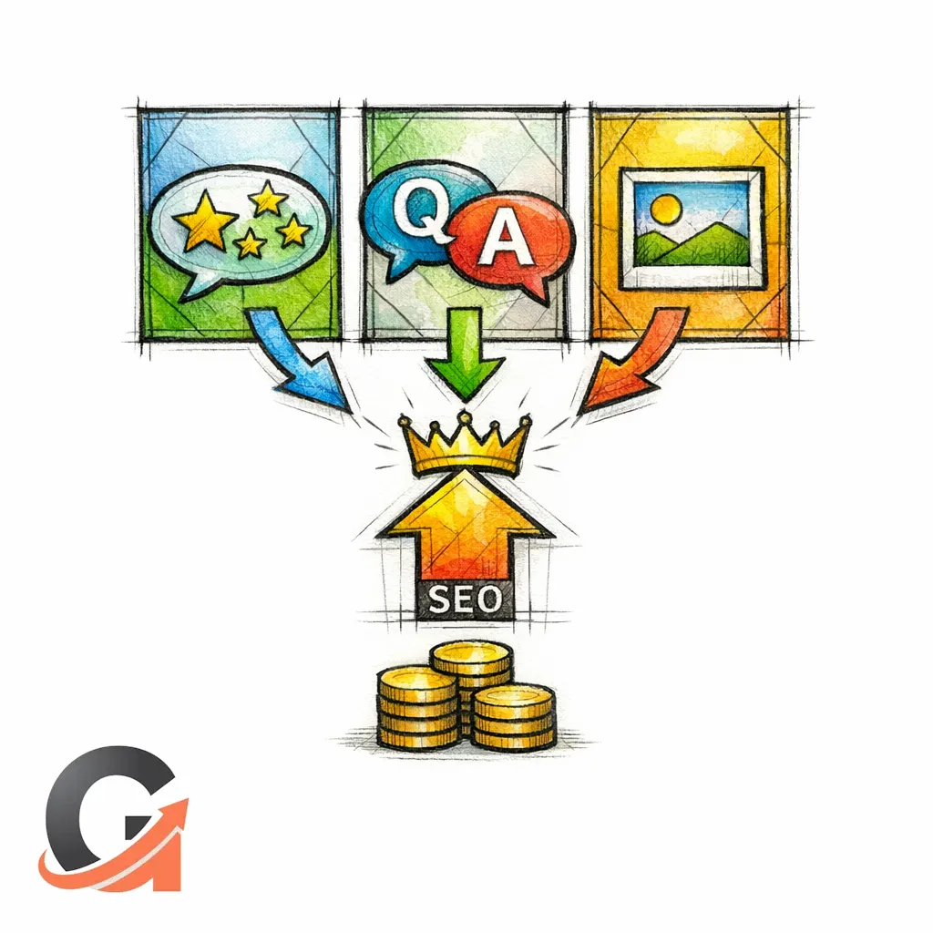 A stained-glass triptych shows Reviews, Q&A, and Customer Photos feeding into SEO rankings and revenue.