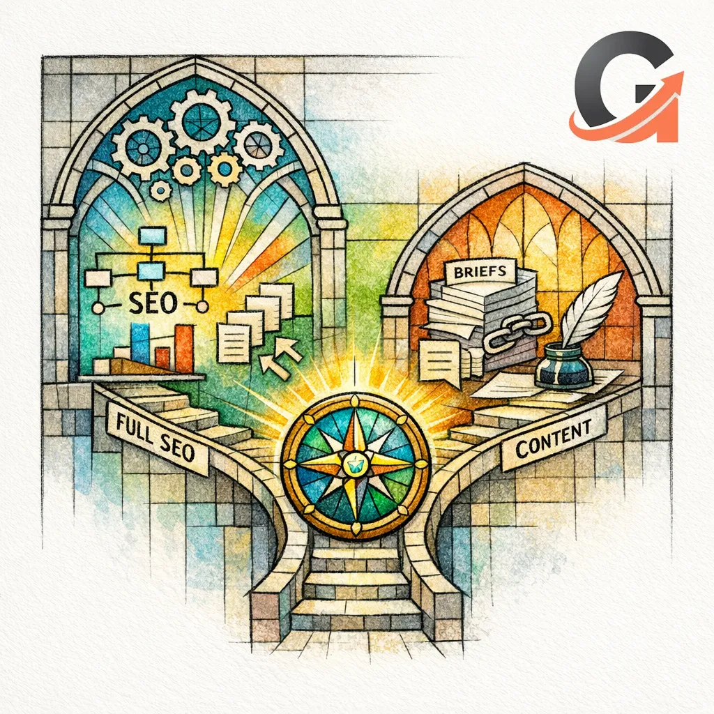 A stained glass forked path compares a full-service SEO agency with a content-led SEO partner.
