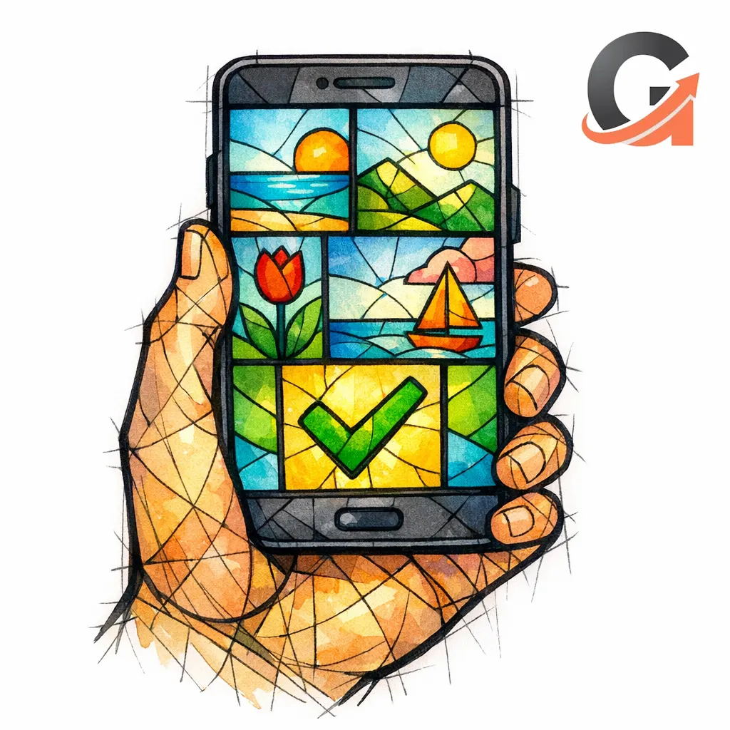 A stained-glass hand holding a phone with five small thumbnail panes, implying a repeatable photo habit.