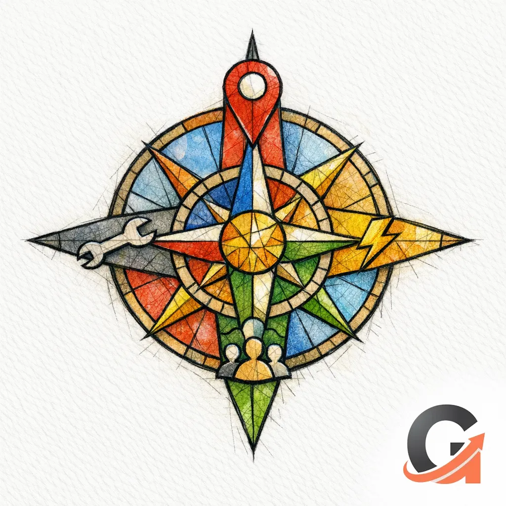 A compass separates location, service, urgency, and audience intent into clear directional paths.