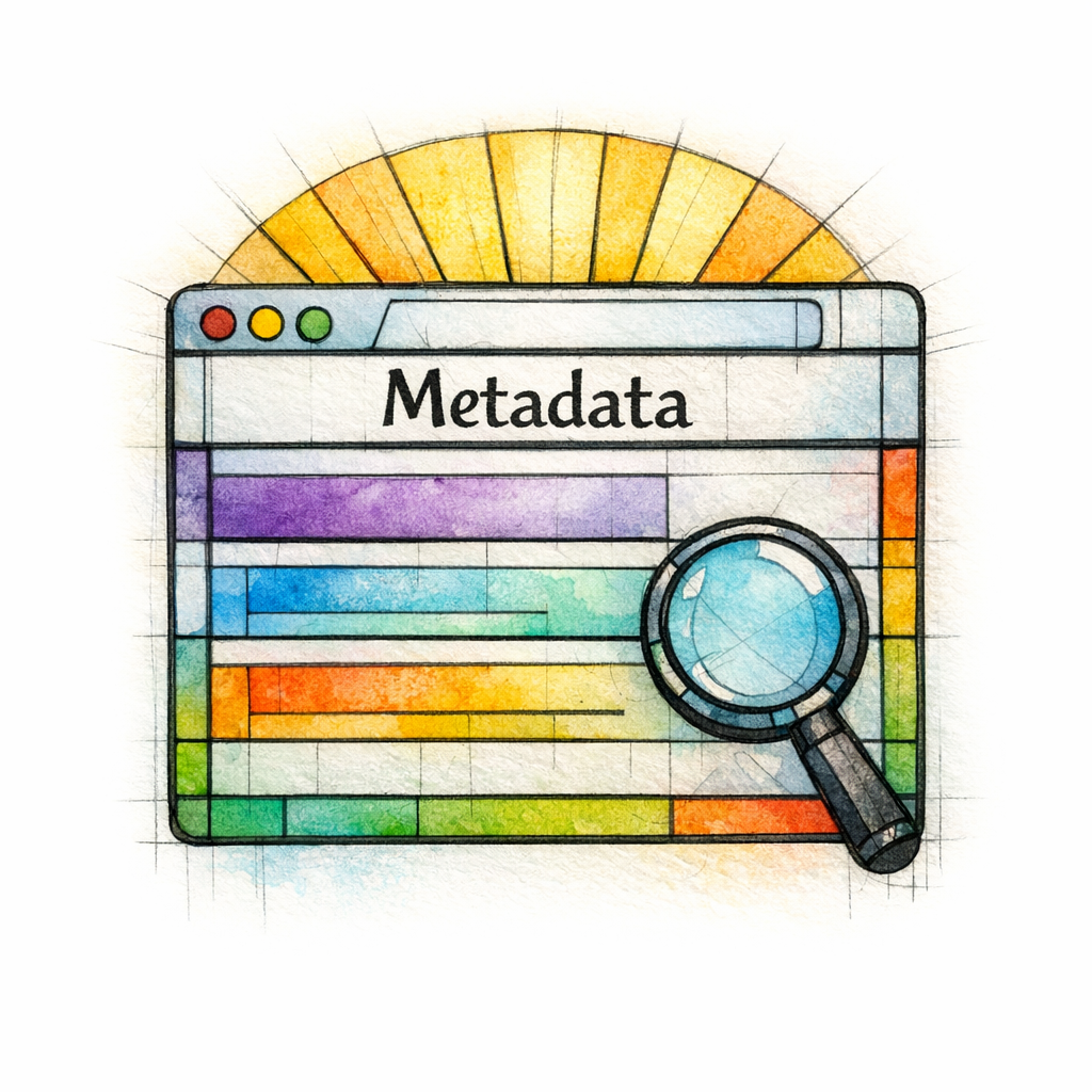 A stained-glass title tag and snippet panel make metadata look intentional instead of an afterthought.