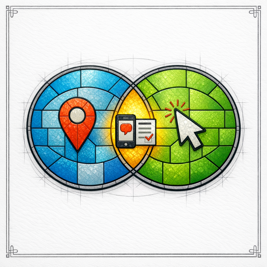 A stained-glass Venn diagram separating local actions and website conversions with a clear overlap on white.