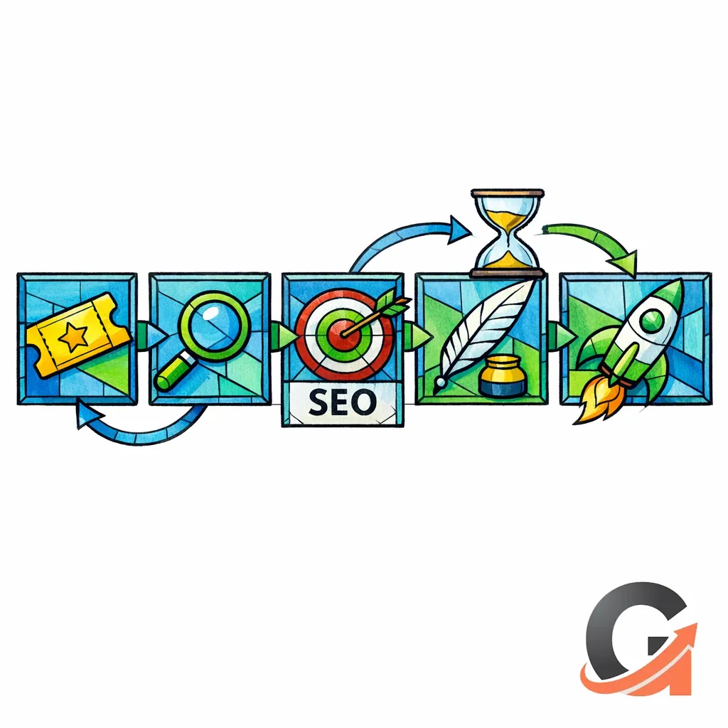 A stained-glass pipeline shows steps from raw update to intent, writing, linking, indexing, and shipping.