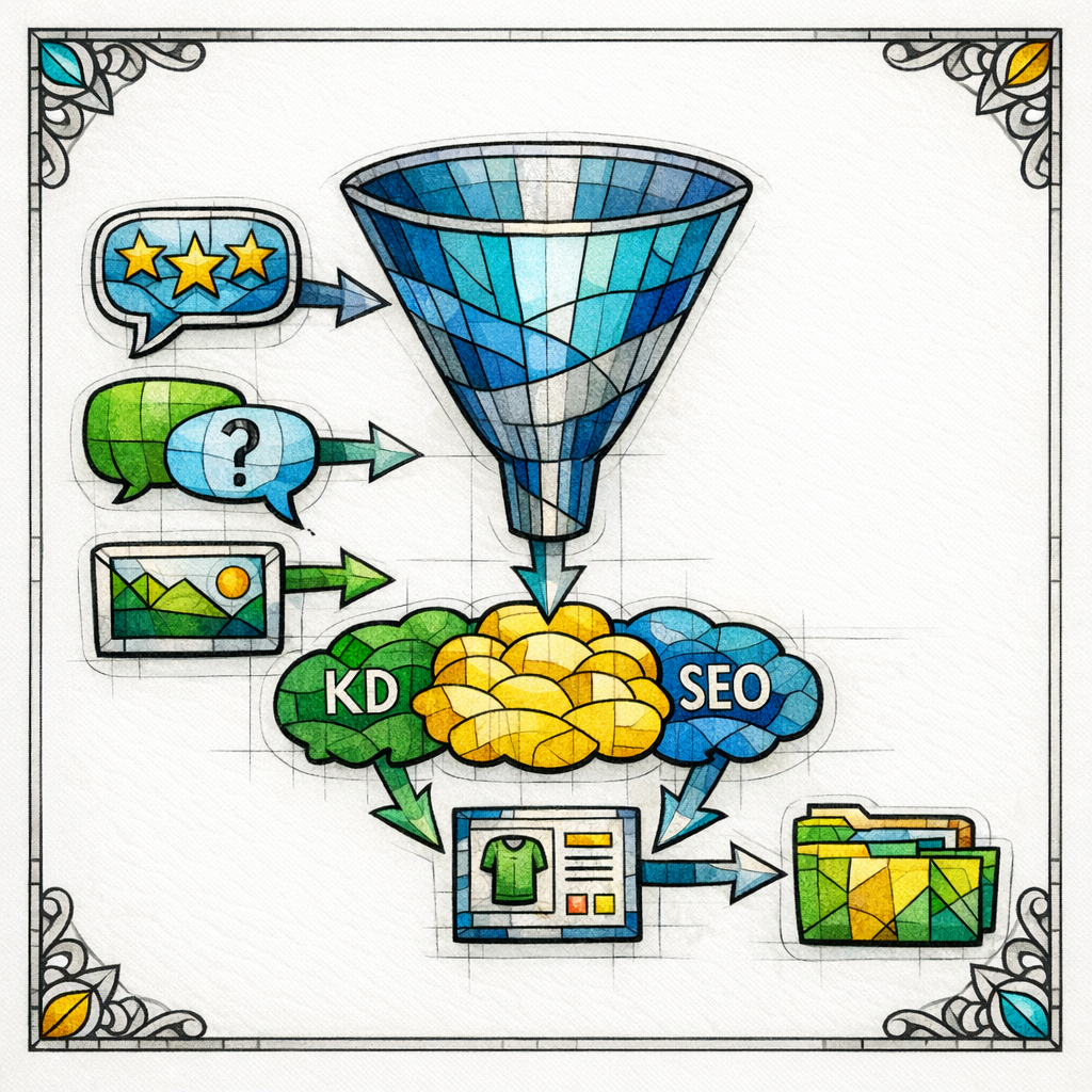 Reviews, Q&A, and captions flow into clustered tags that become page upgrades and collections.