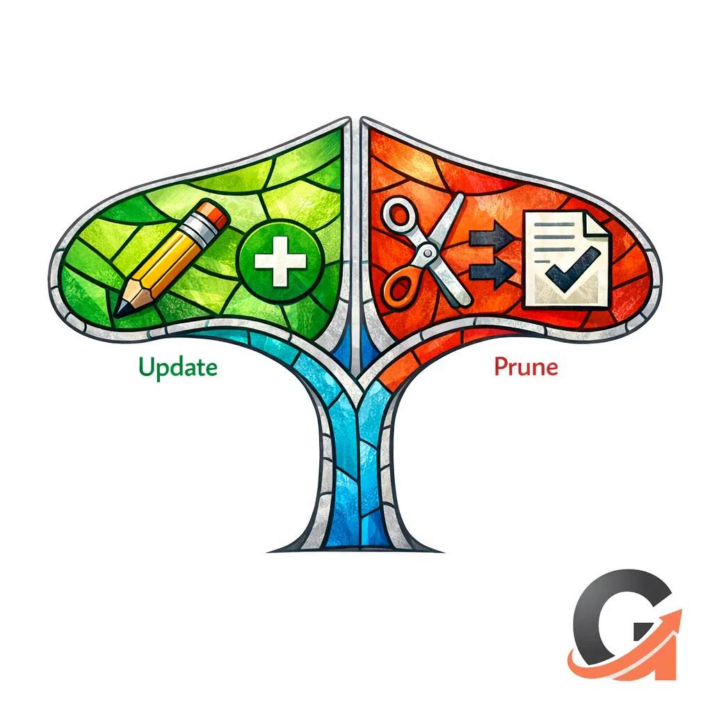 A stained-glass forked path shows rules for updating a URL versus pruning and merging it.