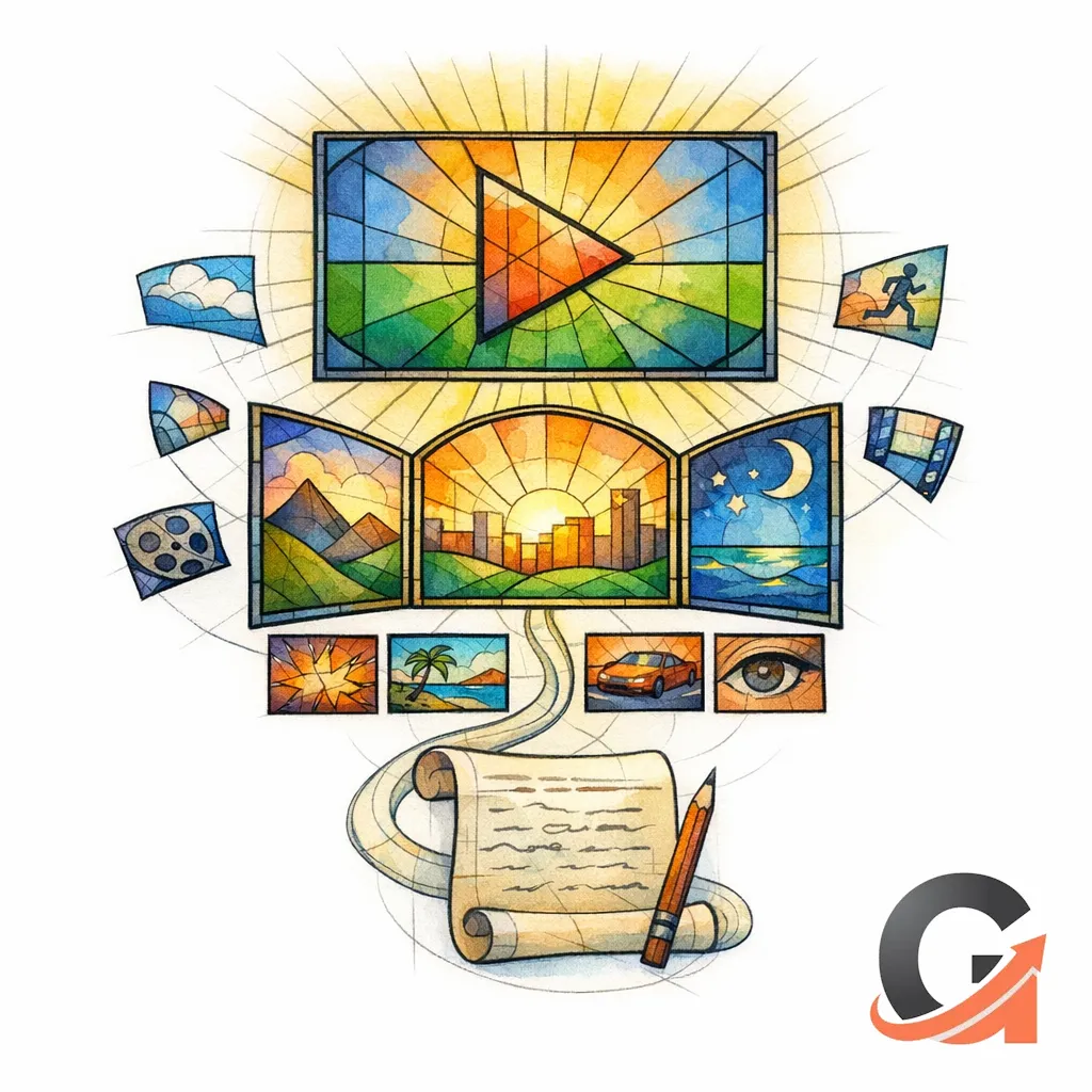 A stained glass video screen unfolds into chapters, shorts, and a link back to the guide.
