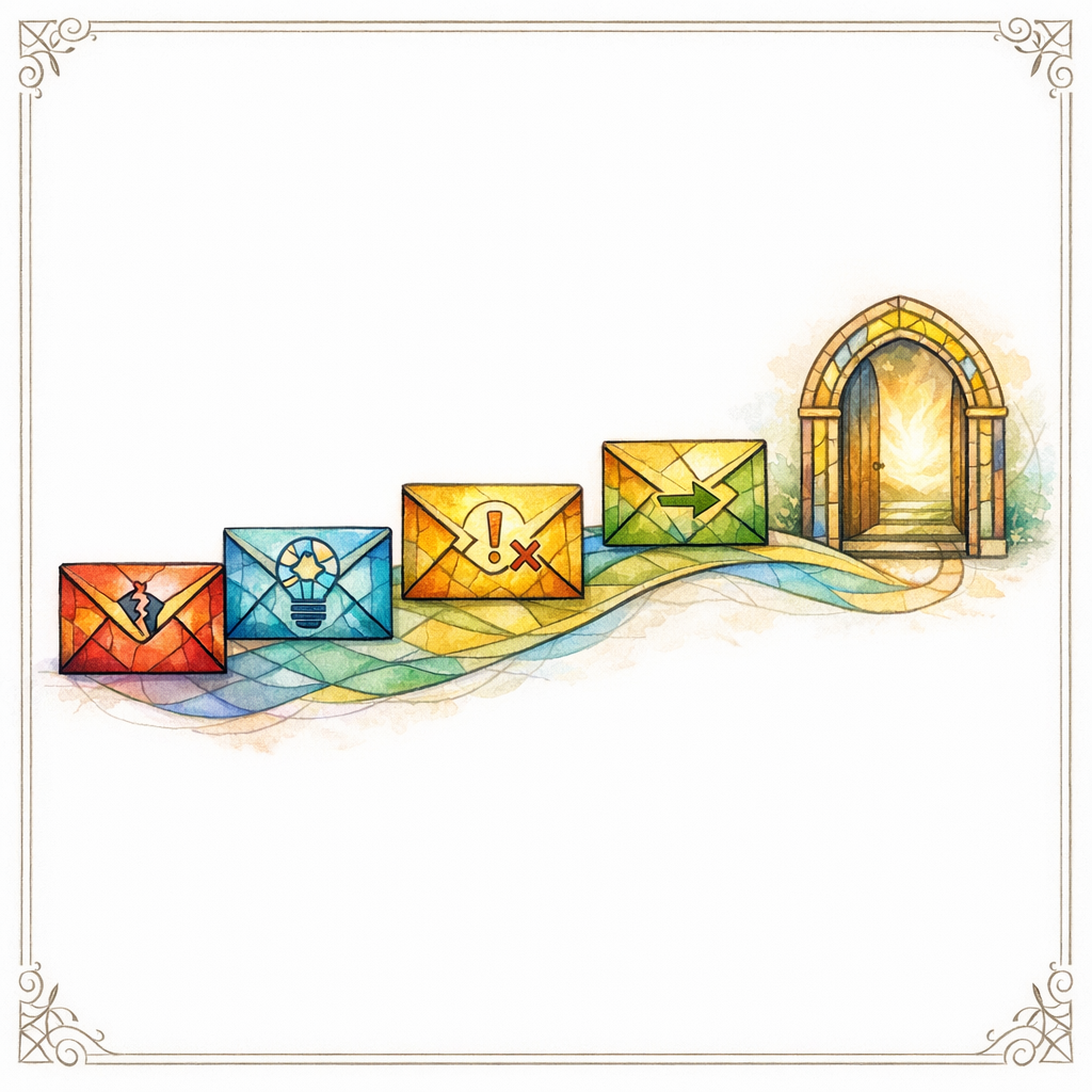 Four stained glass envelopes form a guided sequence that leads to a conversion doorway.