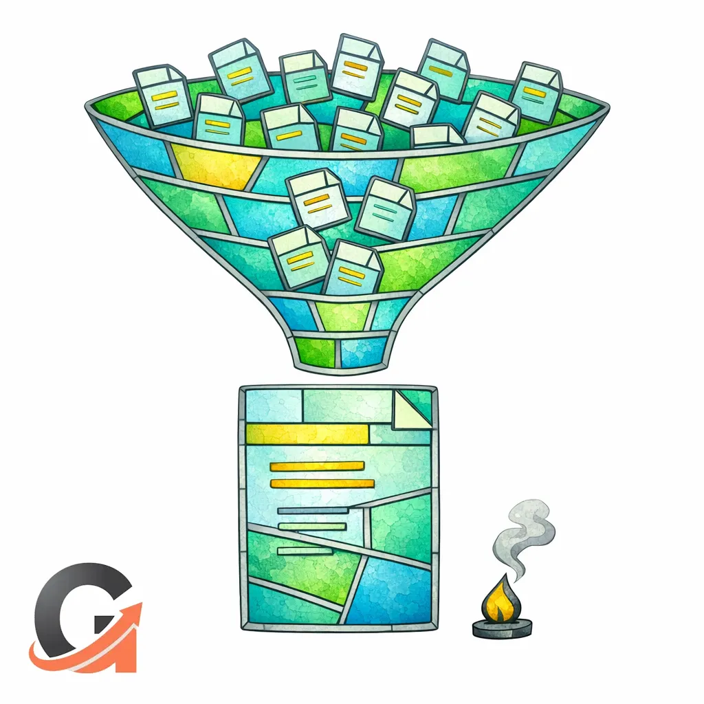 A stained-glass funnel merges small pages into one strong pillar page instead of burning them.