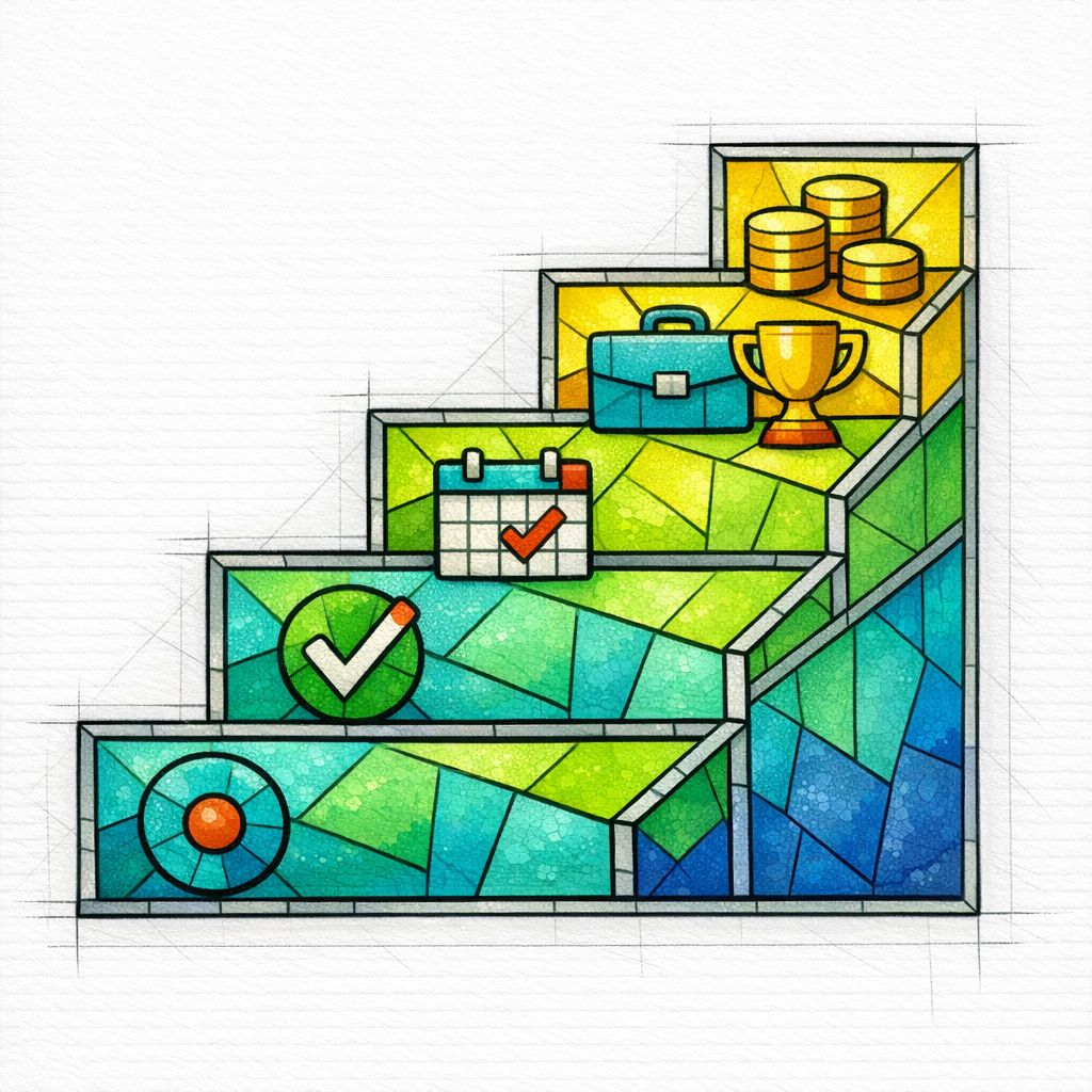 A stained-glass staircase showing pipeline stages progressing to revenue with icons on white.