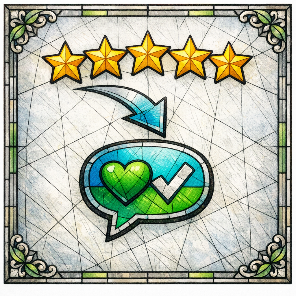 A stained-glass star rating panel flowing into a calm speech bubble, showing reviews turning into trust.