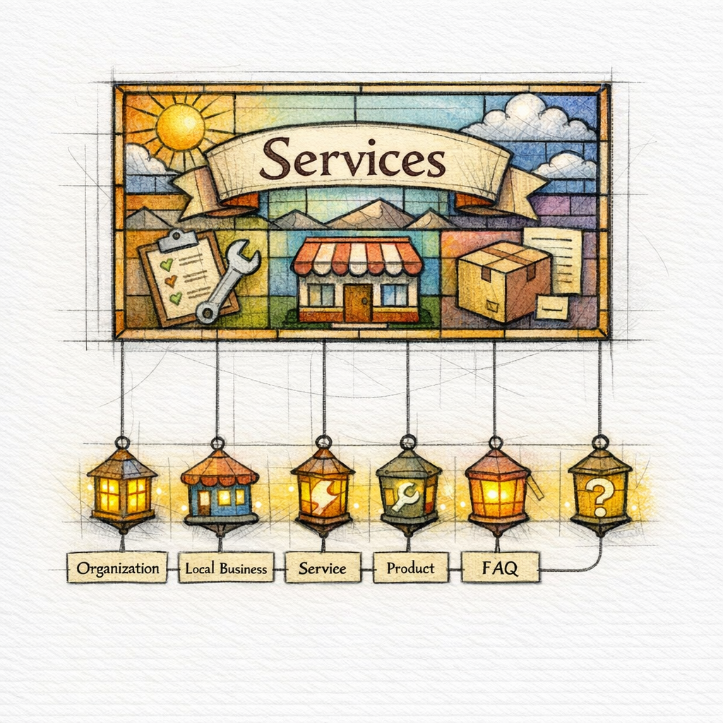 Structured data icons glow like lanterns beneath a clearly marked service page.