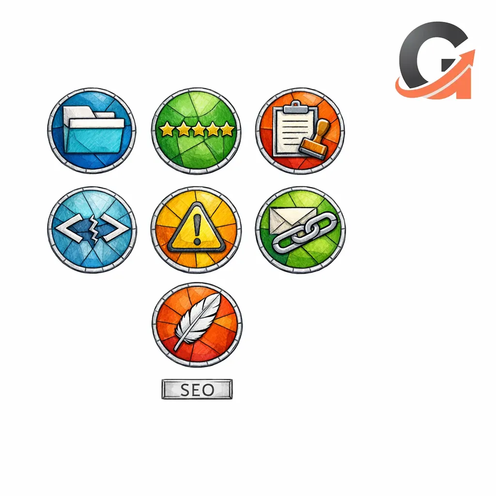 Seven small icon panes warn against common UGC SEO mistakes like hiding content and faking reviews.
