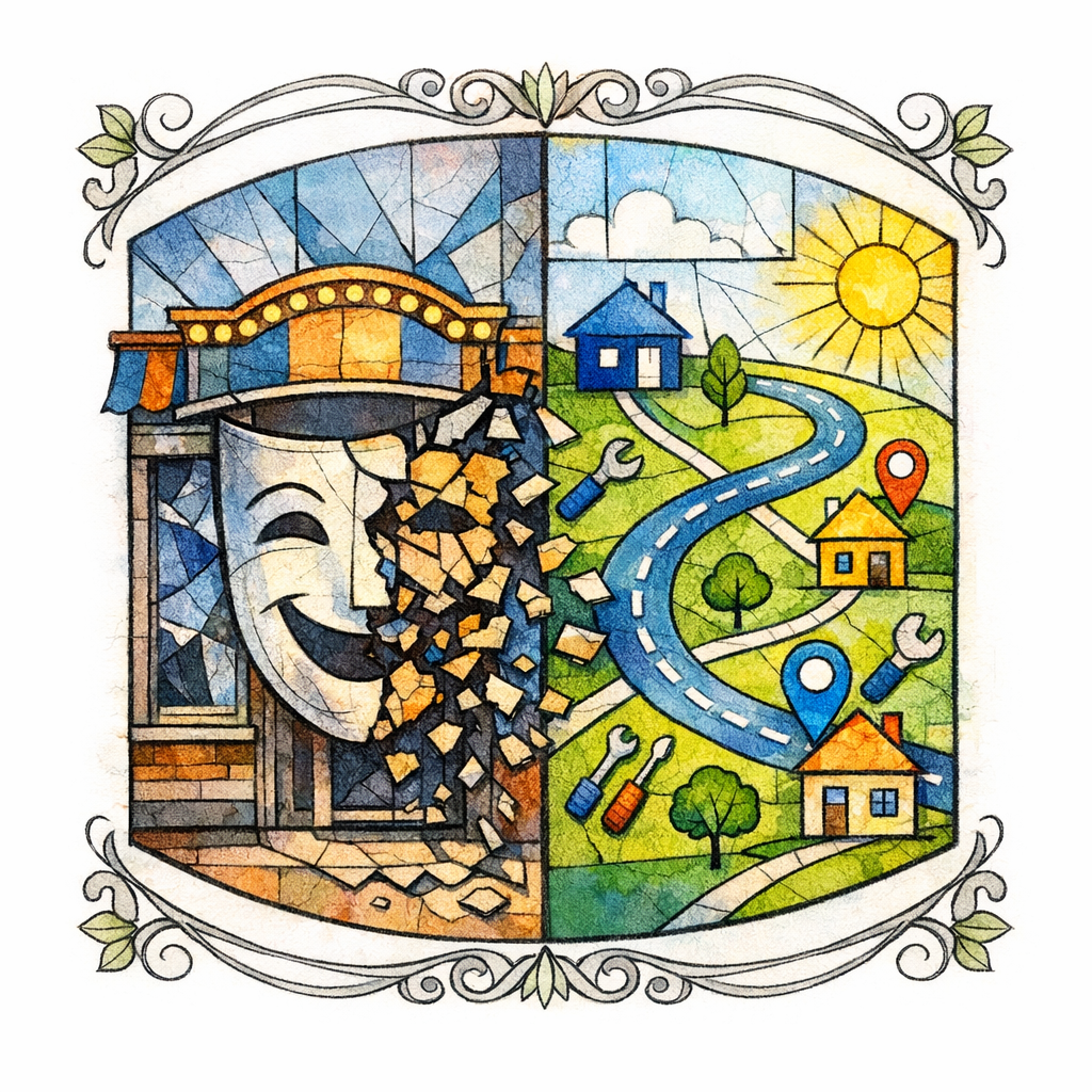 A false storefront mask cracks apart beside an honest service-area map and home-visit path.