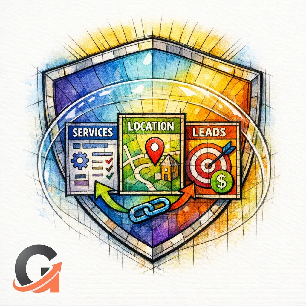 High-value pages sit beneath a stained-glass shield showing lead-gen URLs protected during migration.