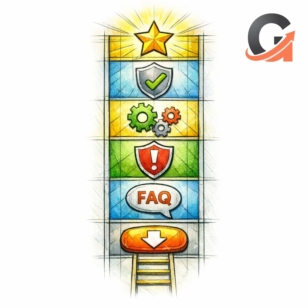 A service page climbs through outcome, proof, process, objections, and CTA like a ladder.