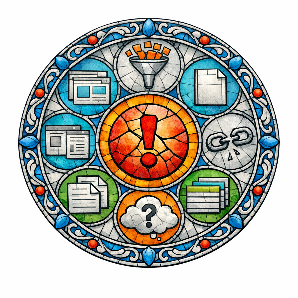 Seven stained-glass sin icons surround a central warning halo to show common changelog SEO mistakes.