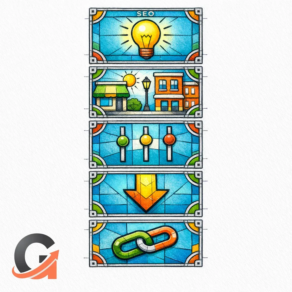 Stacked stained-glass blocks show a repeatable page template: answer, real life, variables, next step, links.