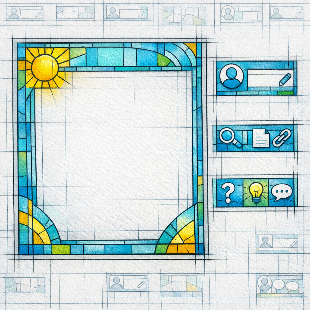 A stained-glass blueprint shows repeatable template blocks applied across many pages.