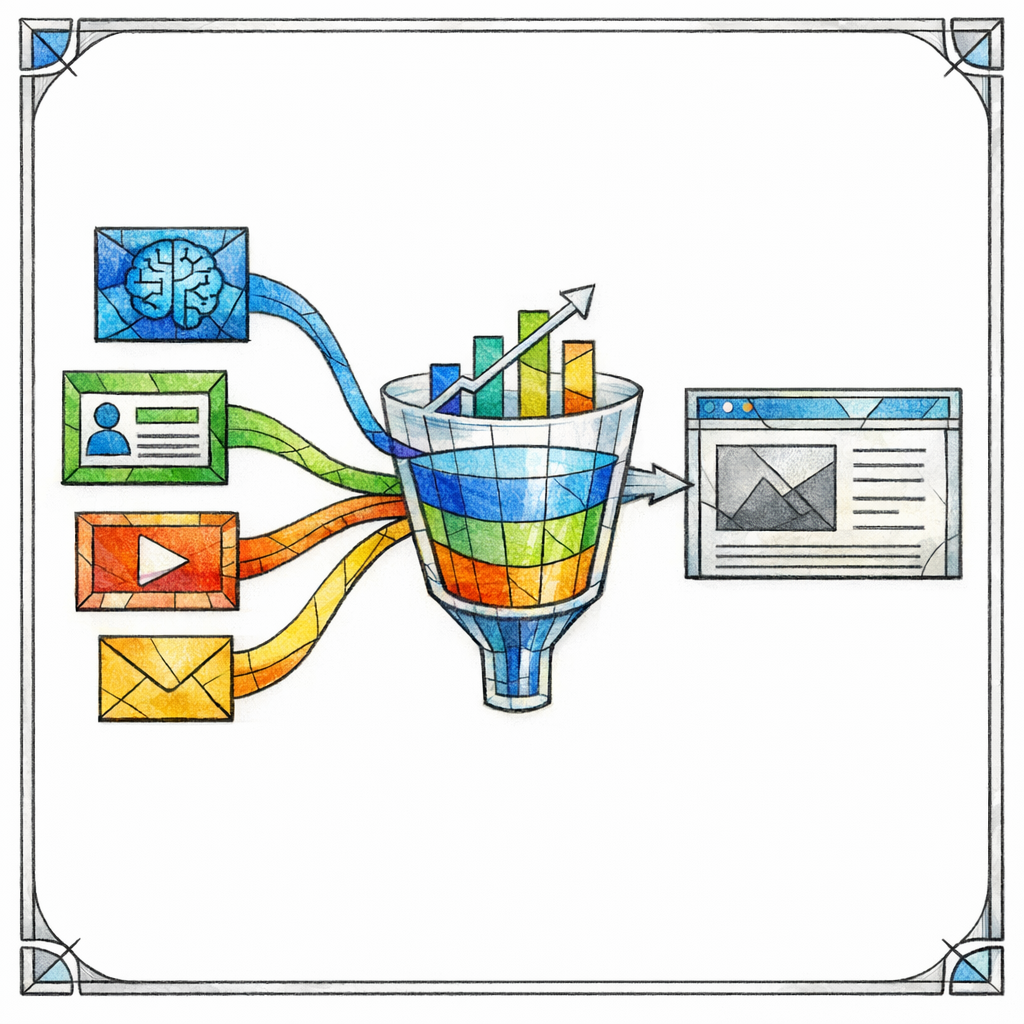 Colored stained glass breadcrumbs trace traffic from each channel back to the canonical source.
