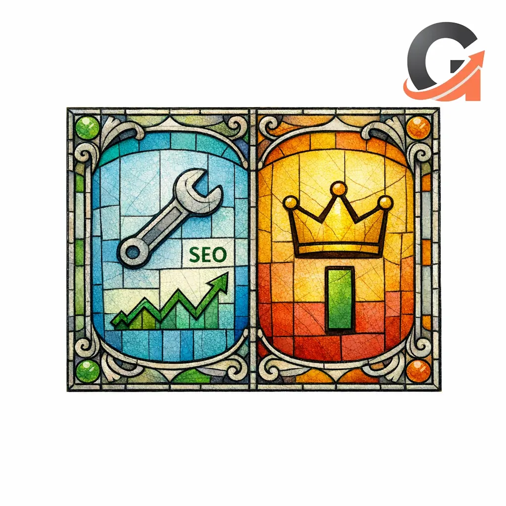 Two stained-glass tablets side by side showing a weekly wrench view and a monthly crown view on white.