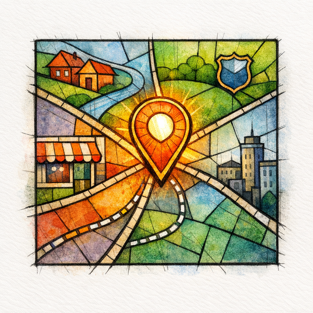 A stained-glass map pin and neighborhood blocks show location pages built from real local proof.
