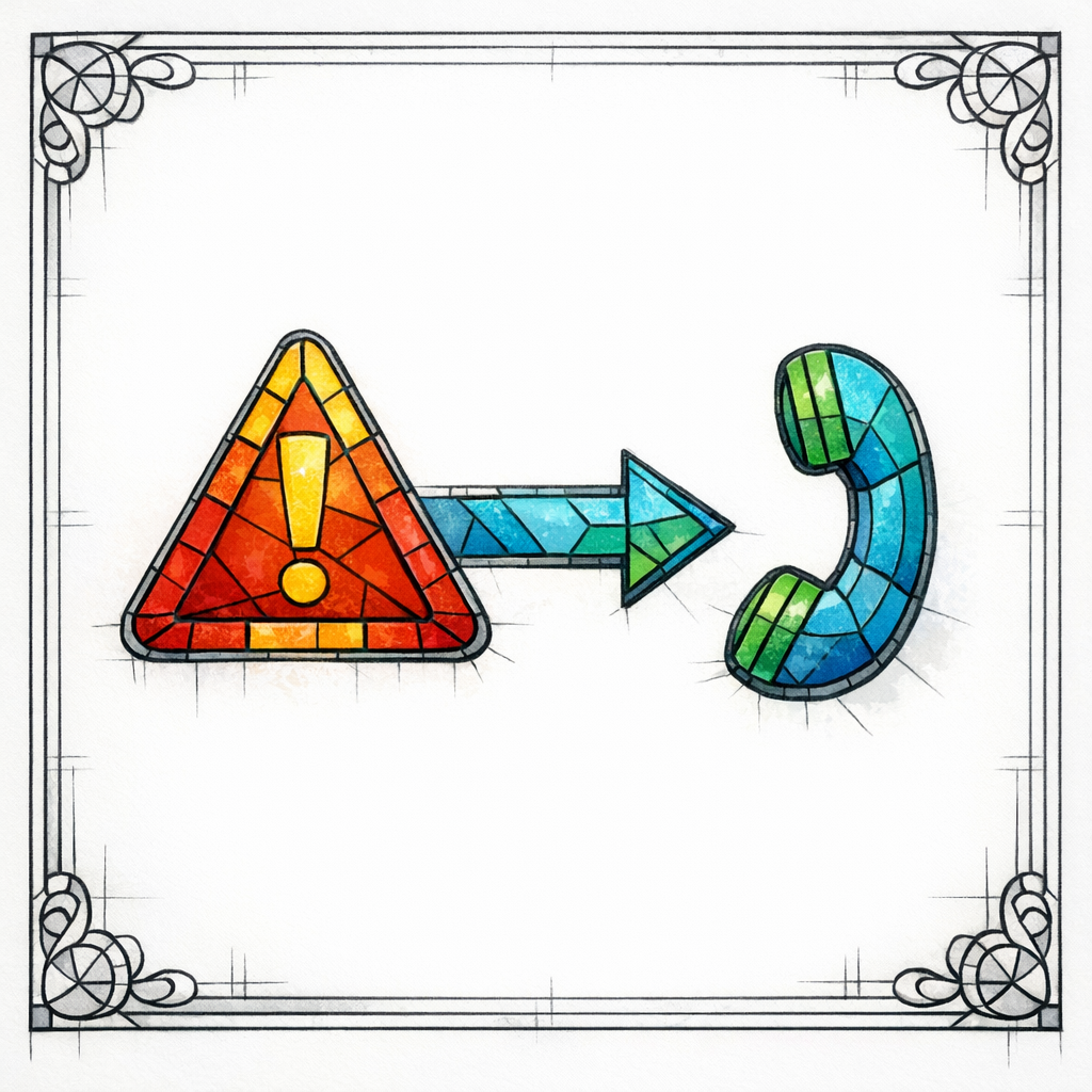 A stained-glass warning triangle pointing to a phone handset, implying resolution should move offline.