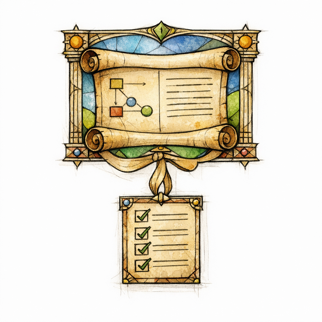 A stained glass checklist download hangs below the main guide like a helpful supporting artifact.