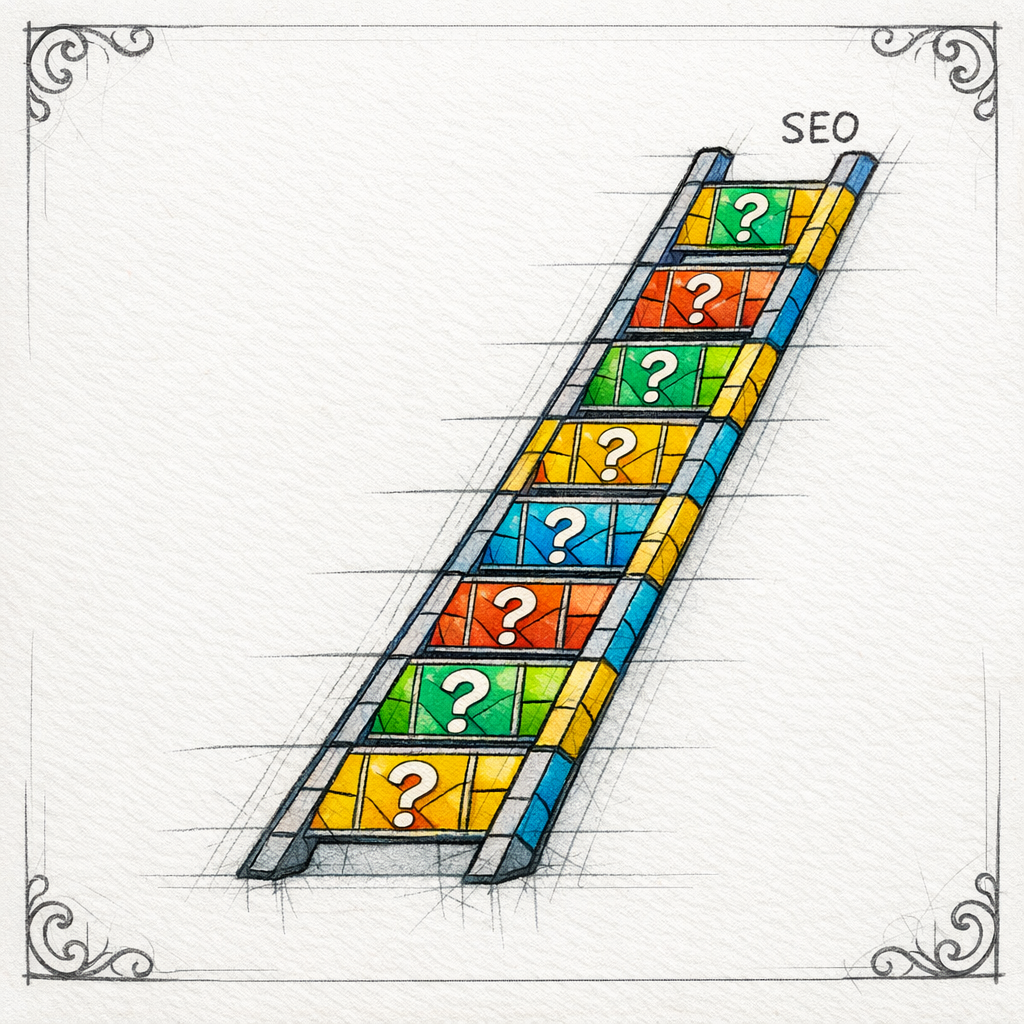 A stained-glass ladder of questions rises upward, suggesting PAA mining that climbs toward intent clarity.