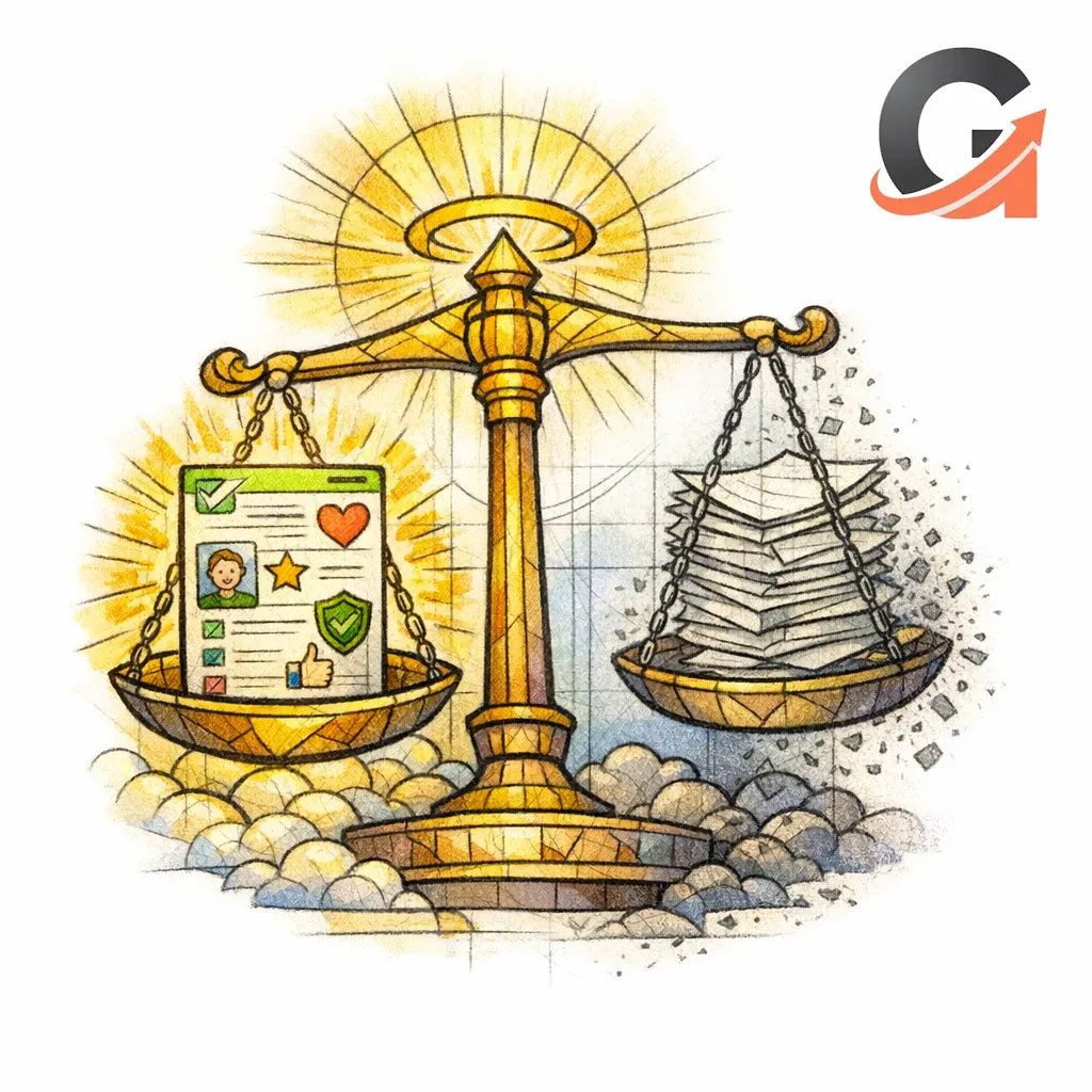 A worthy local page is weighed against empty scaled content on a simple moral balance.