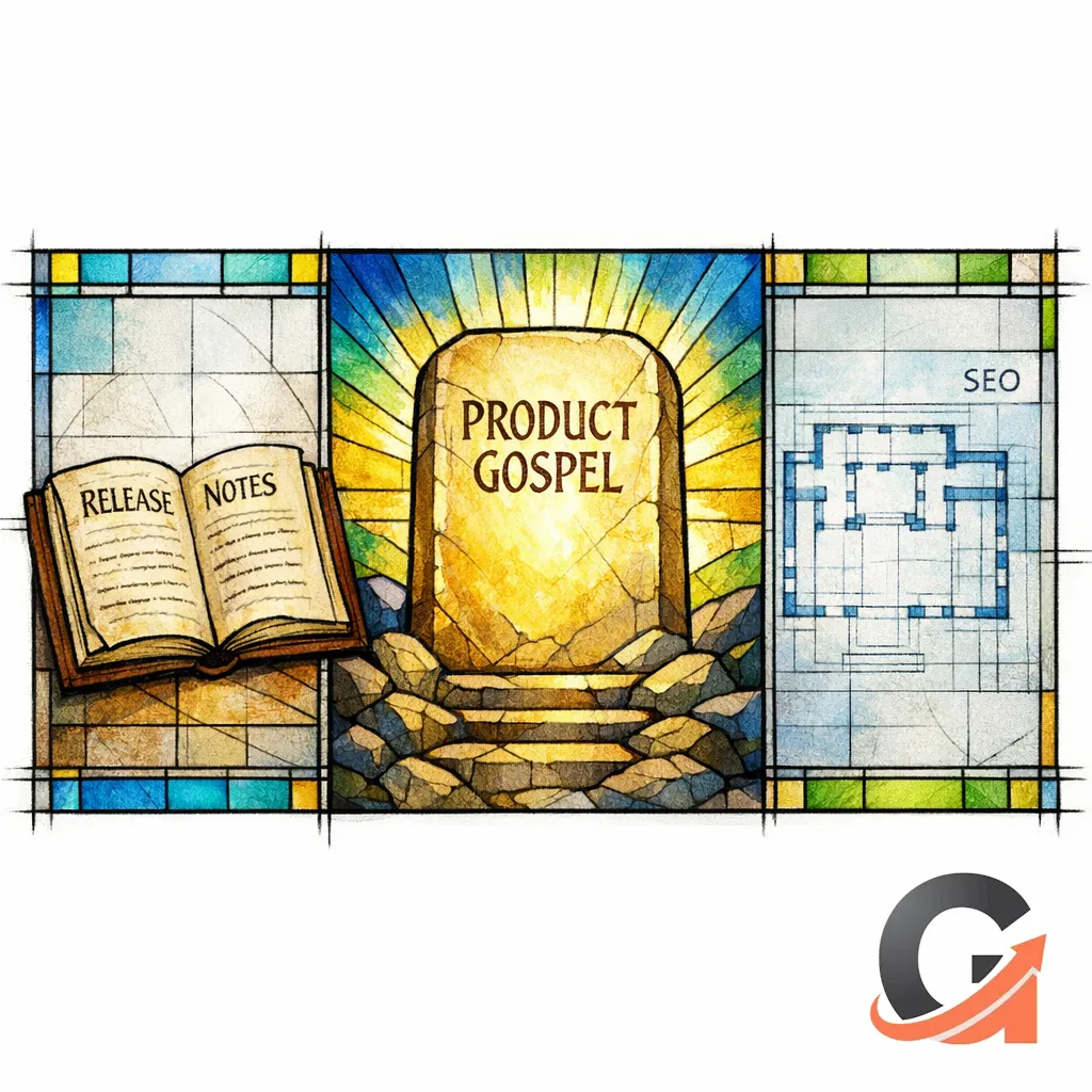 A stained-glass open book, a shining product tablet, and a temple plan illustrate scripture, gospel, and architecture.