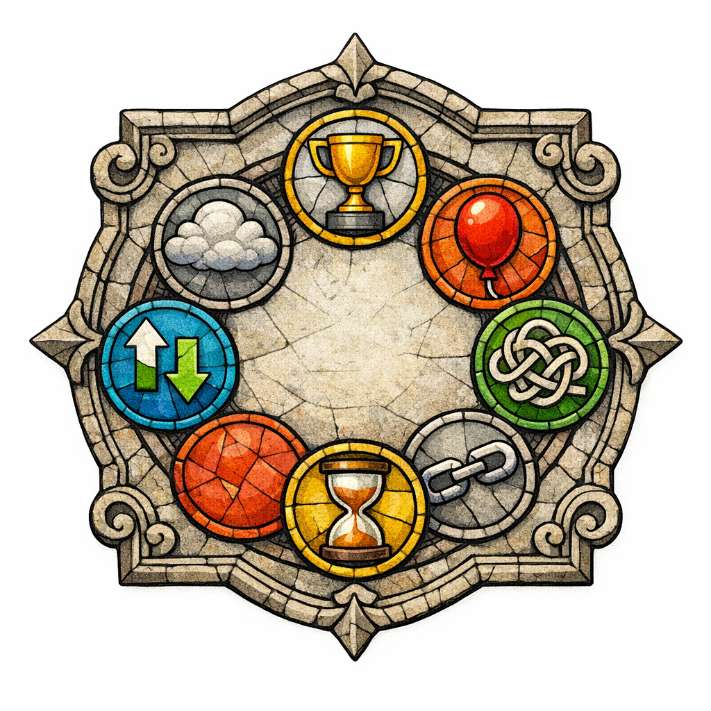 A stained-glass plaque listing seven abstract sin icons that undermine SEO reporting trust on white.