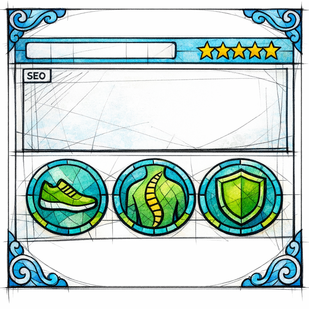 A top-of-page summary highlights three review themes as stained-glass badges for quick trust.