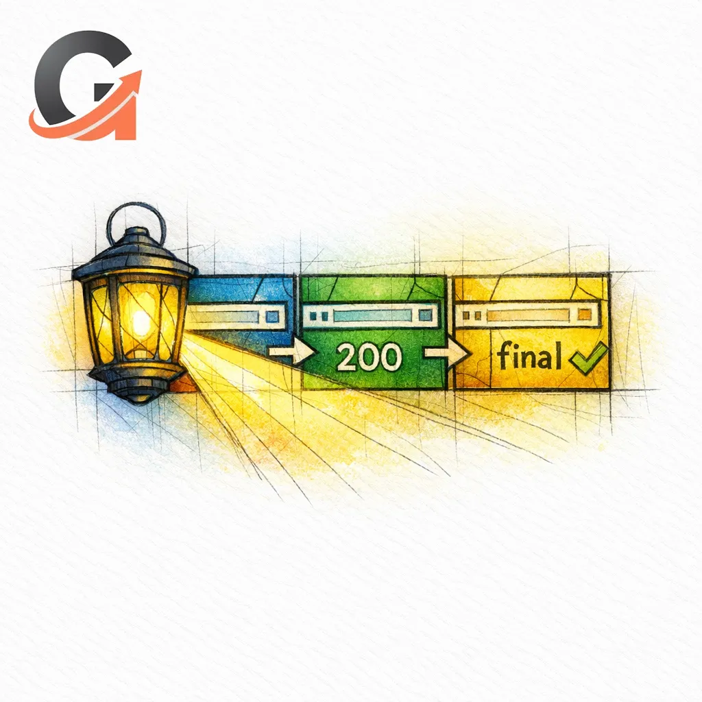 A stained-glass lantern illuminates status checks and final destinations across a redirect audit path.