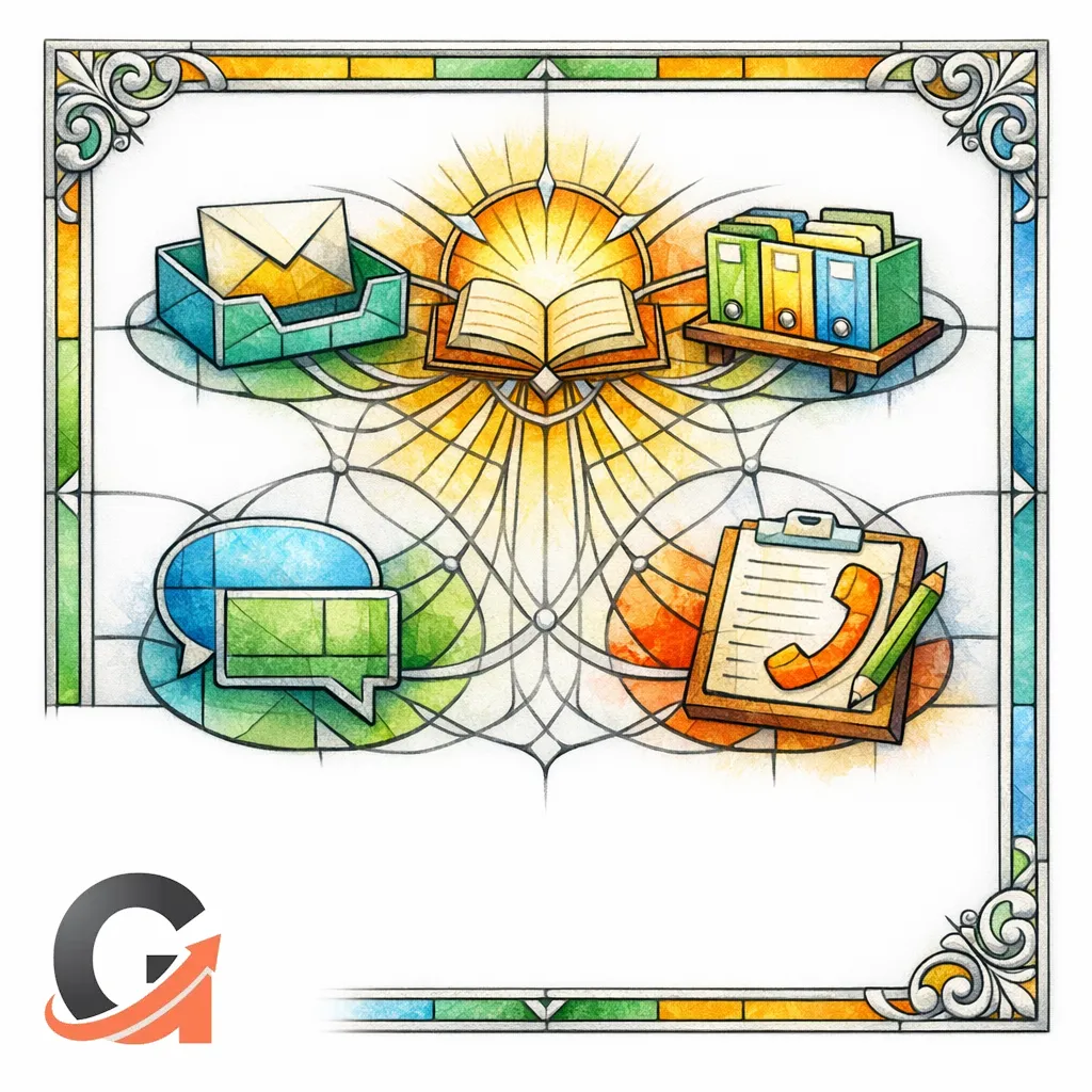 A stained glass inbox, chat bubble, and call script shelf act like hidden search engines.
