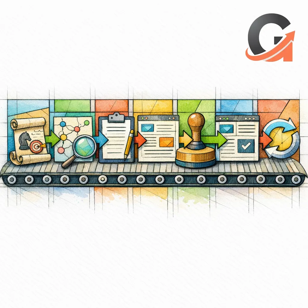 A stained glass assembly line transforms strategy into briefs, pages, links, and refreshes.