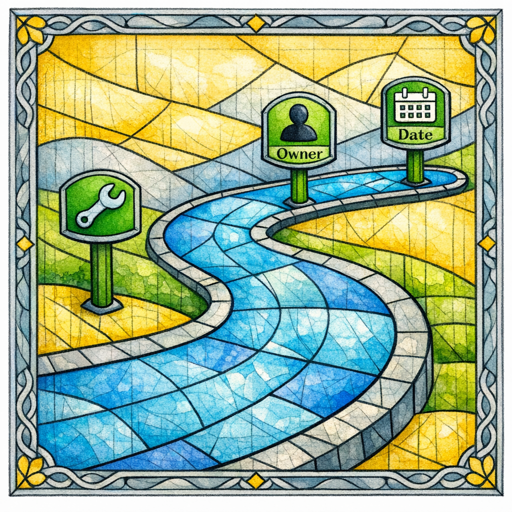 A stained-glass roadmap shows tasks, owners, and ship dates as a calm execution path.
