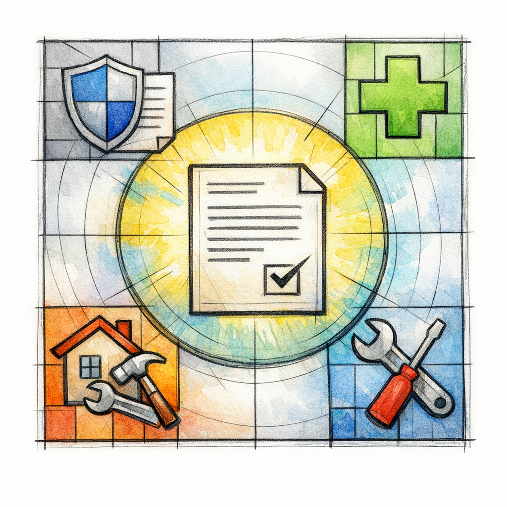 Legal, healthcare, and home service symbols gather around a page that emphasizes trust and clarity.