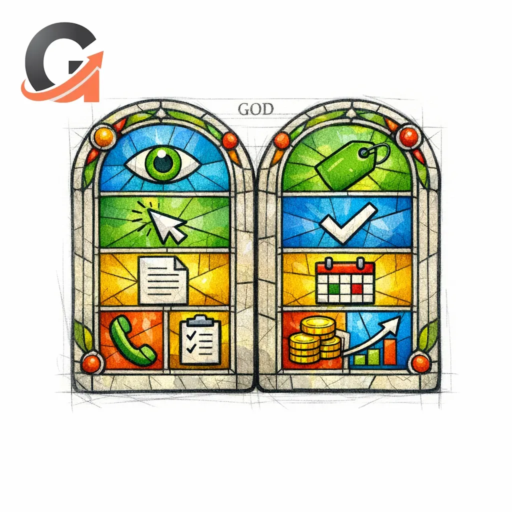 A stained-glass two-tablet diagram showing ten simple KPI icons as commandments on white.