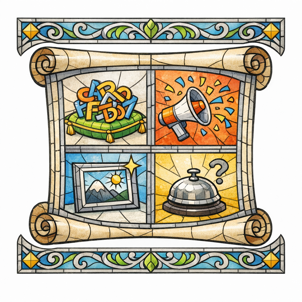 A stained-glass confession scroll showing four small icons for spammy name, random promos, stock photos, and ignored Q&A.