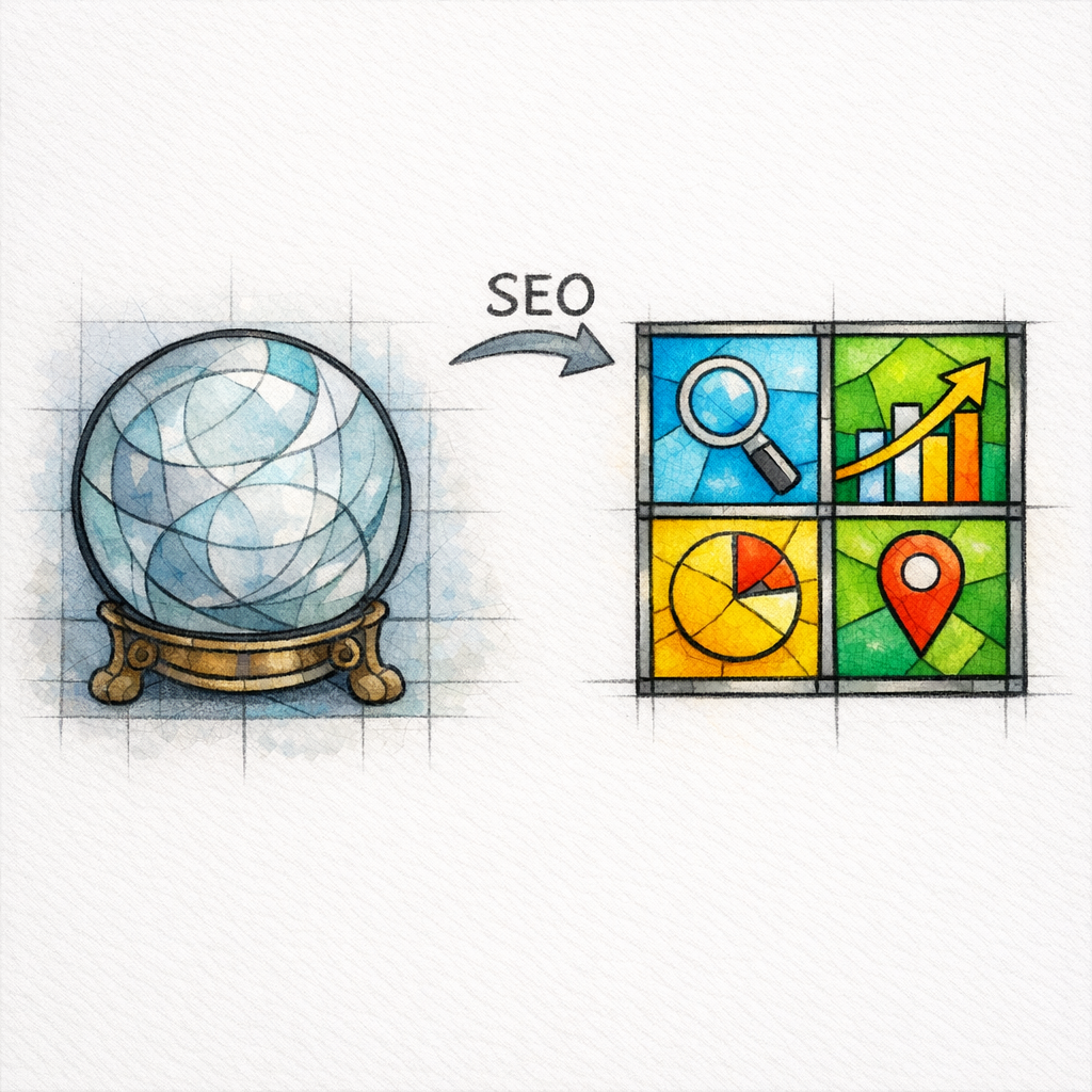 A stained-glass crystal ball replaced by a structured dashboard grid to show reporting clarity on white.