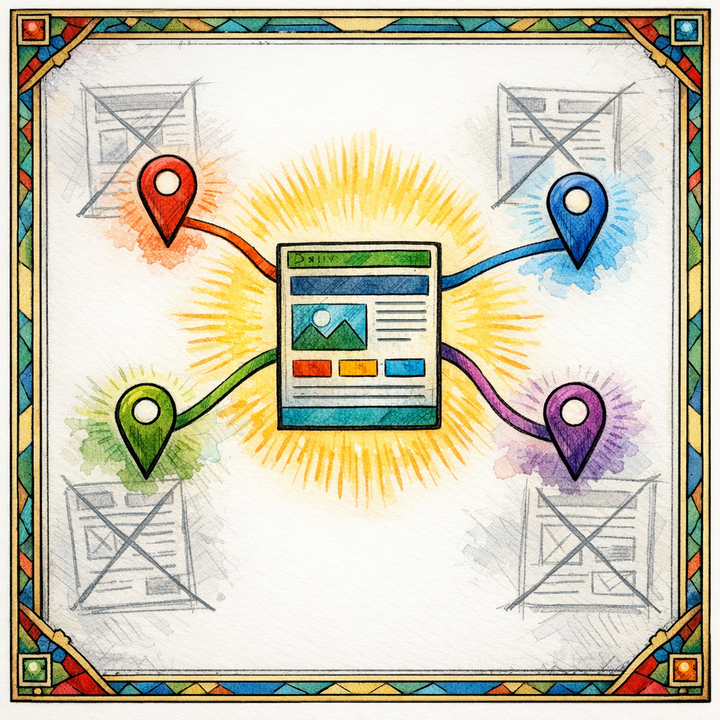 A stained glass map pin and service page connect cleanly without spawning duplicate location pages.