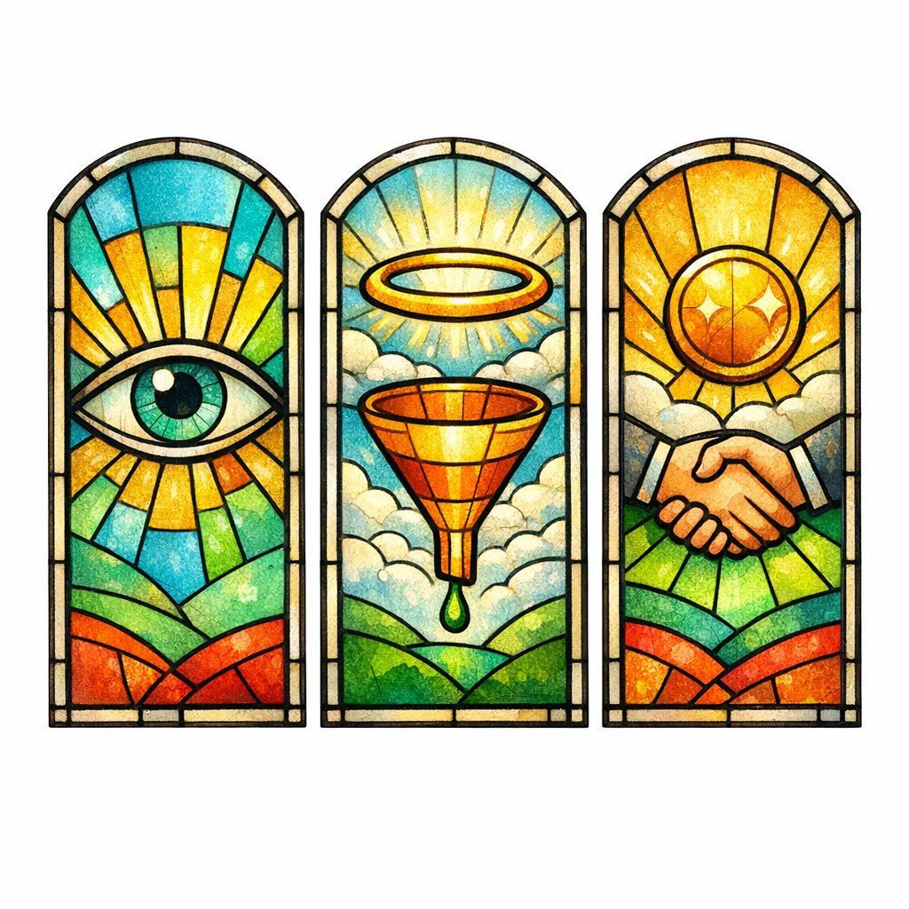 A stained-glass triptych shows visibility, qualified traffic, and leads as the three KPIs to watch.