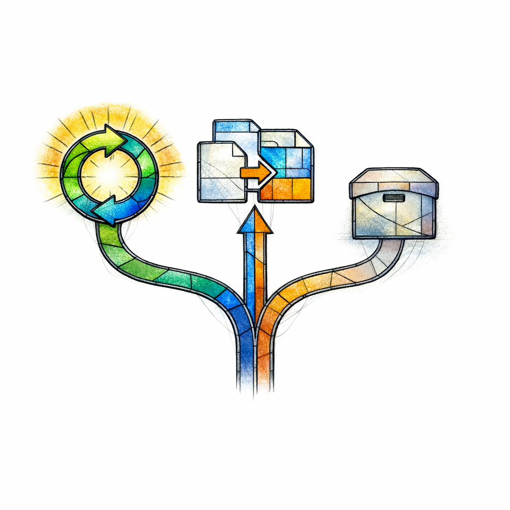 Three stained-glass pathways show old content being refreshed, merged, or gracefully retired.