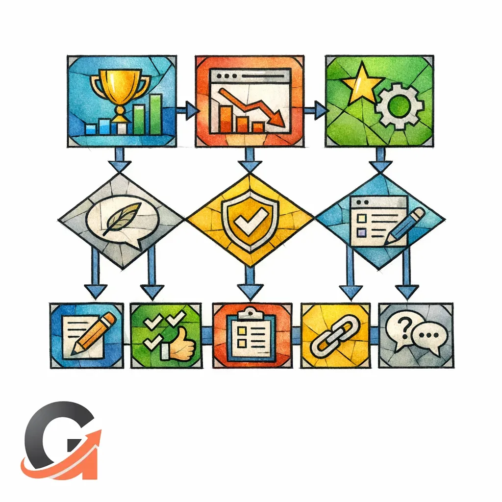 A simple audit flowchart prioritizes high-intent pages and quick fixes for conversion gains.