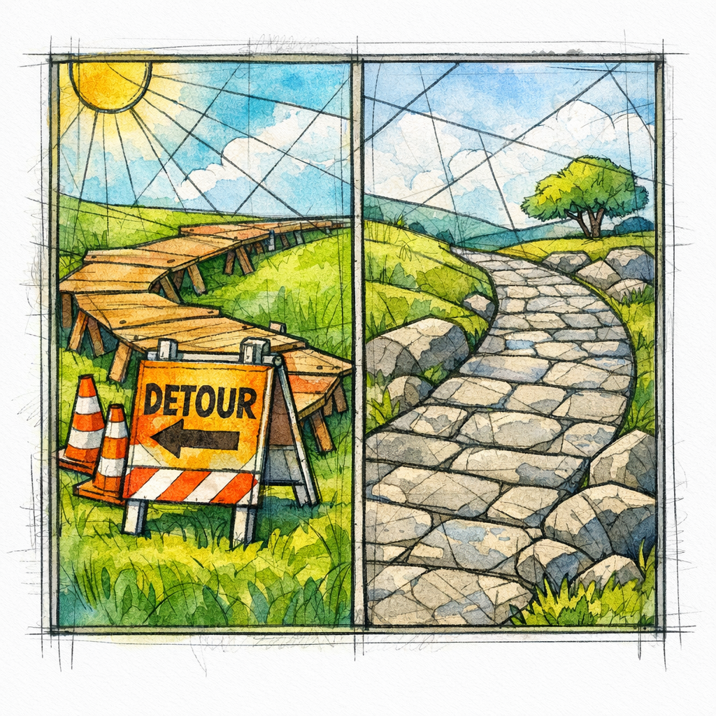 A temporary stained-glass detour sign warns against using permanent redirects for short-term changes.