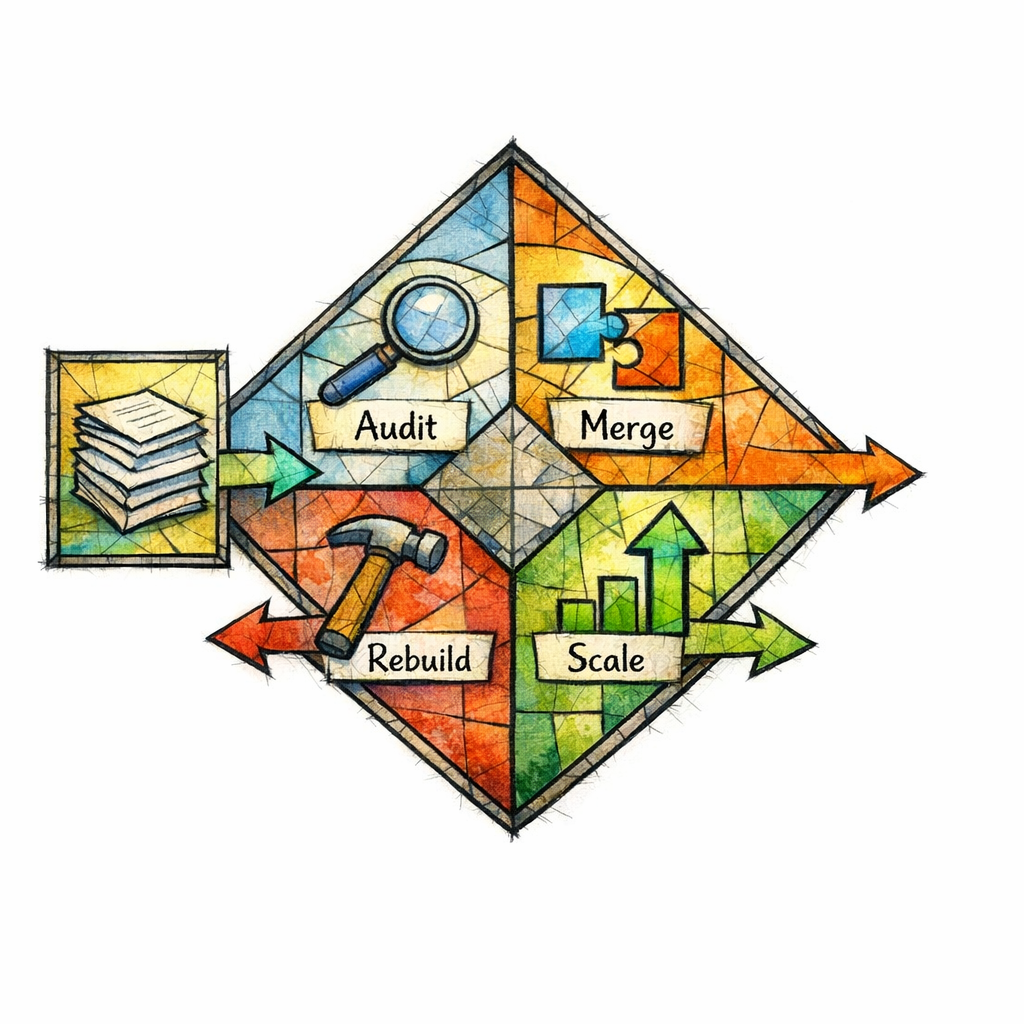 A checklist of weak pages is sorted into audit, merge, rebuild, and scale pathways.