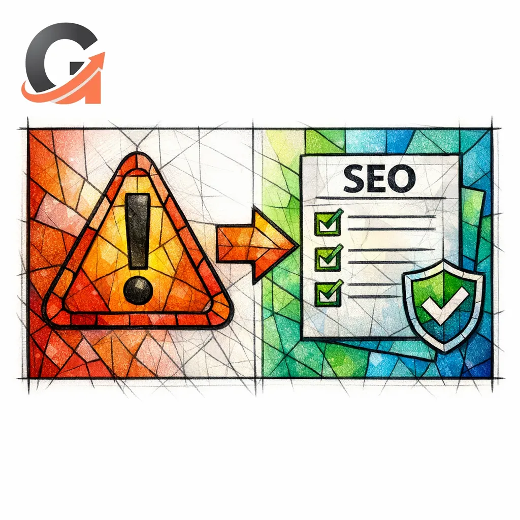 A stained-glass error triangle transforms into a clean checklist page to show error-plus-fix search intent.