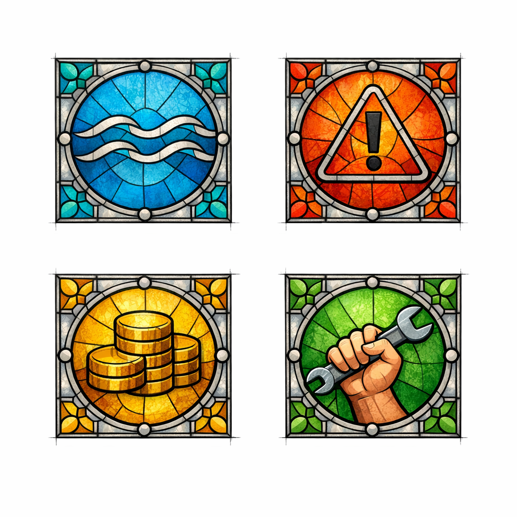 Four stained-glass tiles represent frequency, risk, revenue impact, and self-serve potential for prioritizing FAQs.