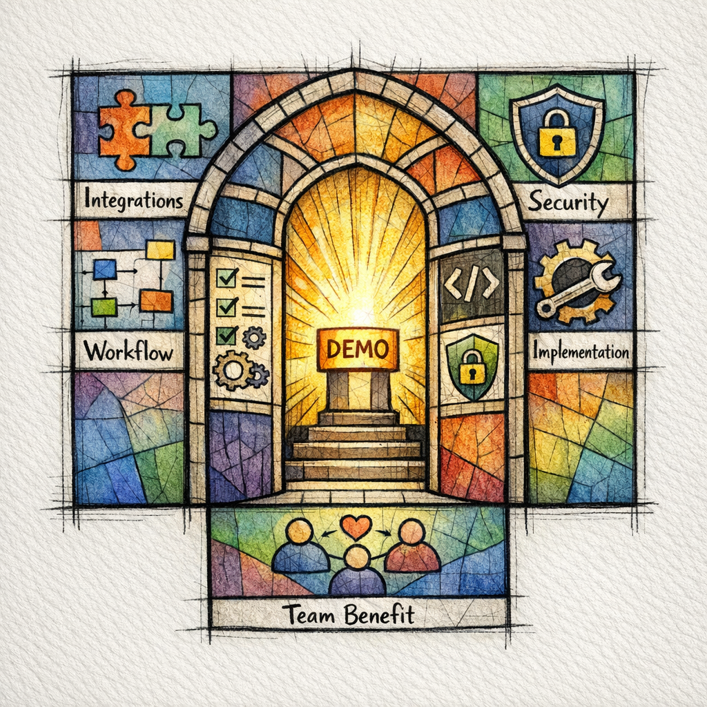 A feature page opens like a gate with integrations, security, workflows, and demo intent.